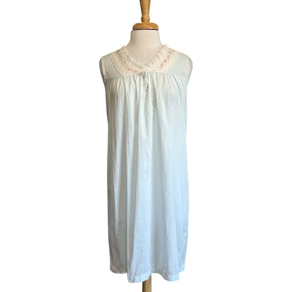 Vintage 80s Night Flowers Dainty Blue Cotton Blend Nightgown Size Small